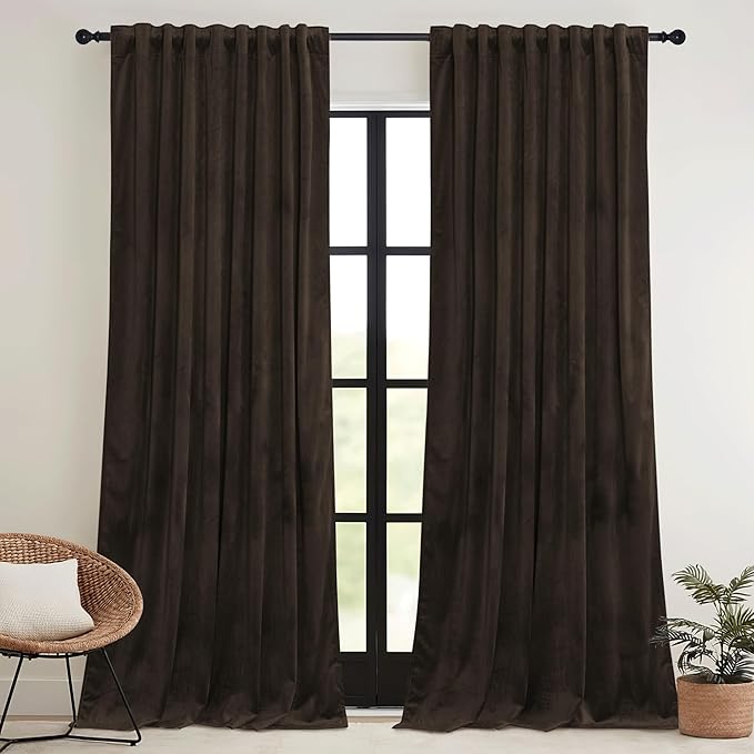 RYB HOME Brown Velvet Curtains 63 inches with Hook Belt, Soft Fabric Room Darkening Thermal Insulated Luxurious Home Decor Curtains for Living Room Bedroom, W 42" x L 63", 2 Panels Set