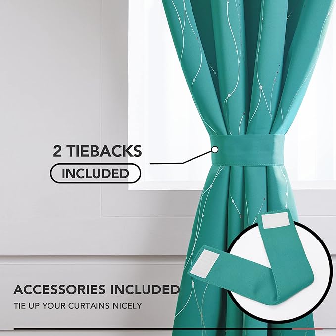 Deconovo Blackout Curtains for Bedroom, Thermal Insulated Soundproof Drapes with Wave Dot Foil Print, 42 x 95 Inch Long, Set of 2, Machine Washable Window Curtain for Living Room Office, Turquoise