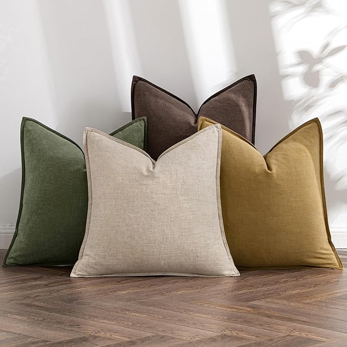 MIULEE Neutral Green/Brown Linen Pillow Covers Pack of 4 Decorative Natural Solid Throw Pillow Covers Soft Accent Boho Farmhouse Couch Pillowcases Spring Decors for Living Room Bed Sofa 18x18 Inch