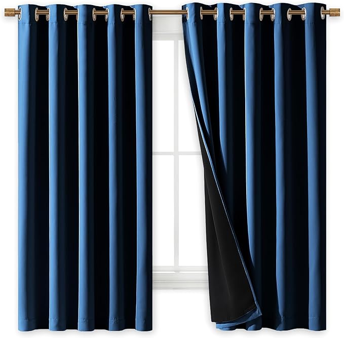 NICETOWN 100% Blackout Curtains with Black Liners, Thermal Insulated Full Blackout 2-Layer Lined Drapes, Energy Efficiency Window Draperies for Bedroom (Moroccan Blue, 2 Panels, 70" W by 63" L)