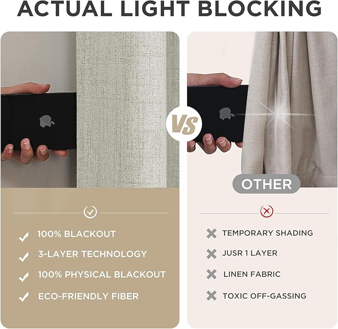 Joydeco Blackout Curtains for Bedroom - 100% Light Blocking 2 Panels Light Beige Drapes 42"W x 96"L, Thermal Insulated Room Darkening Curtains, Linen Textured for Living Room, Rod Pocket & Back Tabs