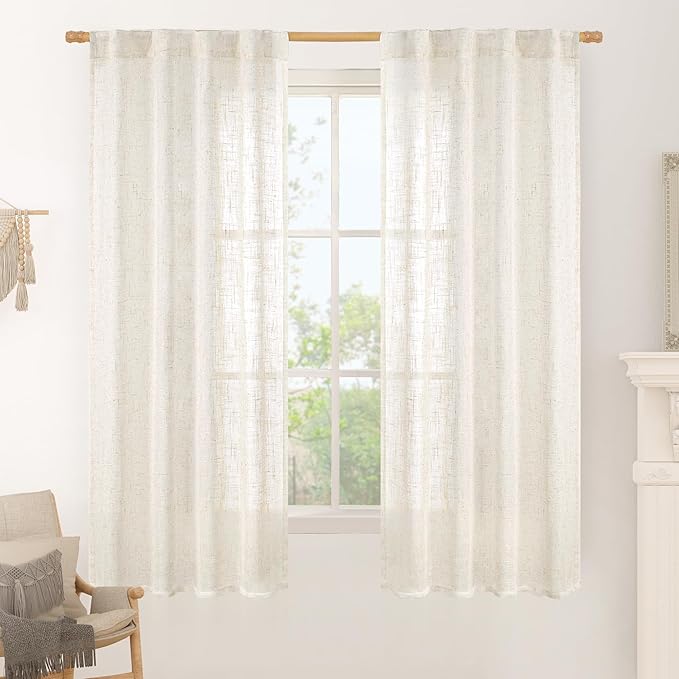 LAMIT Cream Linen Curtains 63 Inch for Bedroom, Ivory Light Filtering Neutral Semi Sheer Window Boho Curtains Back Tab and Rod Pocket Panels for Living Room, 2 Panels, 34 x 63 Inch