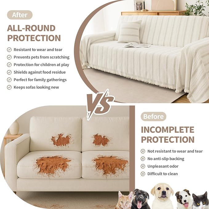 Boho Sofa Covers for 3 Cushion Couch, Chenille Sofa Slipcover for Pets Washable, L-Shape Sectional Loveseat Cover Soft Throw Blankets with Tassels(71x134,Striped Beige)