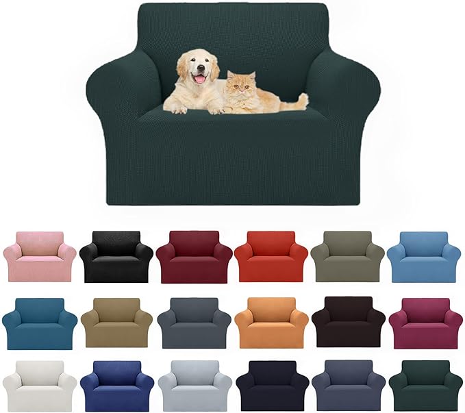Cupuamon 2026 New Stretch Chair Sofa Slipcovers Couch Cover for 1 Seater Furniture Protector Sofa Covers with Elastic Bottom Jacquard Fabric Small Checks for Pets, Kids - Hunter