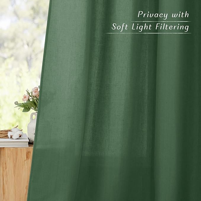 NICETOWN Flax Linen Olive Green Curtains 108 inches Long, Grommet Privacy Semi Sheer Privacy Added with Light Filtering Window Treatment for Bedroom/Living Room, W55 x L108, 2 Panels