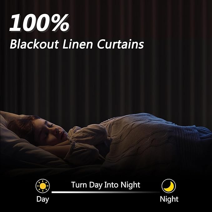 Guken Caramel Brown 100% Blackout Linen Curtains 120 Inch Length 2 Panels Set for Living Room Bedroom Back Tab/Rod Pocket Thermal Insulated Black Out Drapes Room Darkening Farmhouse Window Curtains