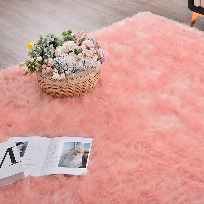 ORINOVA Pink Washable Fluffy Round Rugs for Bedroom Girls Shag Faux Sheepskin Fuzzy Fur Rugs for Living Room Circle Area Rug for Kids Round Rug 5ft