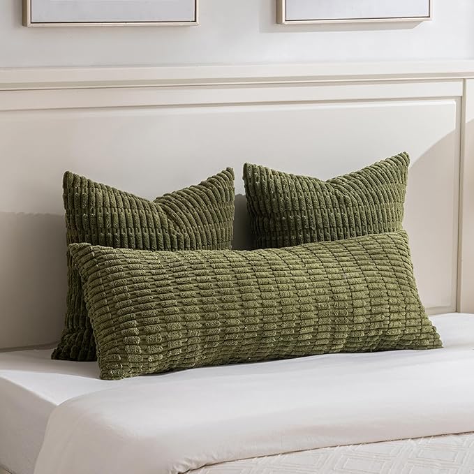 Fancy Homi 4 Packs Boho Moss Green Decorative Throw Pillow Covers 14x14 Inch for Couch Bed Sofa, Rustic Modern Farmhouse Home Decor, Soft Plush Corduroy Cute Square Cushion Case 35x35 cm