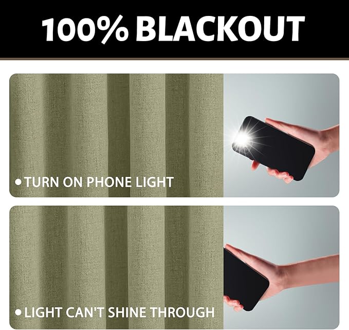 Yakamok Linen Sage Curtains 100% Blackout 63 Inches Long,Room Darkening Textured Curtains for Living Room Thermal Grommet Bedroom Curtain 2 Panels with Greyish White Liner