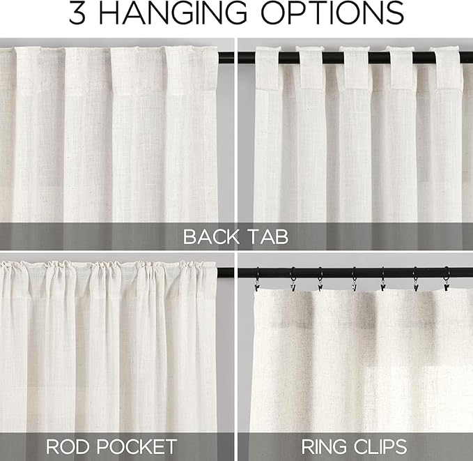 Nanspring 24 Inch Linen Curtains for Kitchen Beige White Small Window Semi Sheer Curtains Back Tab and Rod Pocket Light Filtering Drapes for Basement Short Cafe Curtain 30 x 24 Inch, 2 Panels