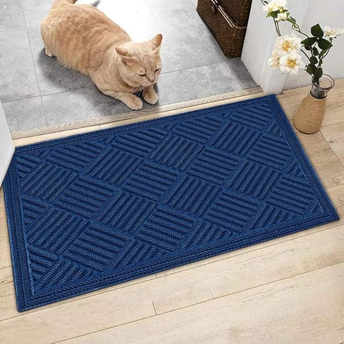 Mibao Front Door Mat, Dirt Trapper Welcome Mat for Outdoor Indoor, Non-Slip Waterproof Doormat, Durable Machine Washable Low Profile Entry Rug for Back Door Outside Patio Porch, 35.5" x 24", Blue
