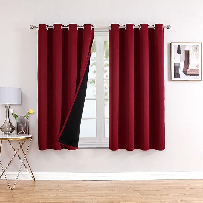 ChrisDowa 100% Blackout Curtains for Bedroom with Black Liner, 2 Thick Layers Total Blackout Thermal Insulated Grommet Window Curtains 2 Panels Set (Burgundy, 52 x 54 Inch)