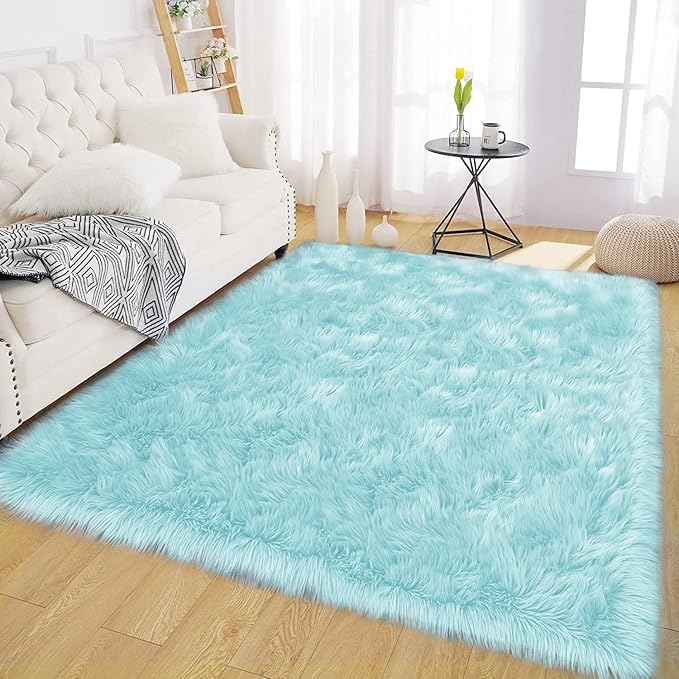 Latepis Blue Rugs for Living Room 5x6.7 Faux Sheepskin Fur Area Rug for Bedroom Soft Fluffy Furry Rugs Washable Carpet for Dorm Home Décor, Rectangle