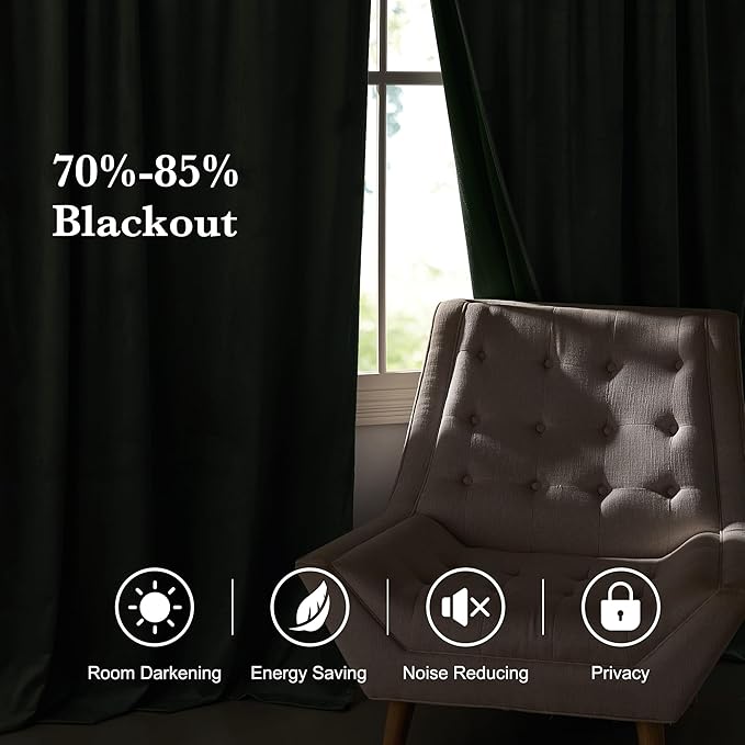RYB HOME Elegant Green Velvet Curtains 84 inches Long, Light Blocking, Thermal Insulated, Stylish Velvet Drapes with Hook Belt for Cozy Home Aesthetics, 52" W x L96 L, 2 Panels Set