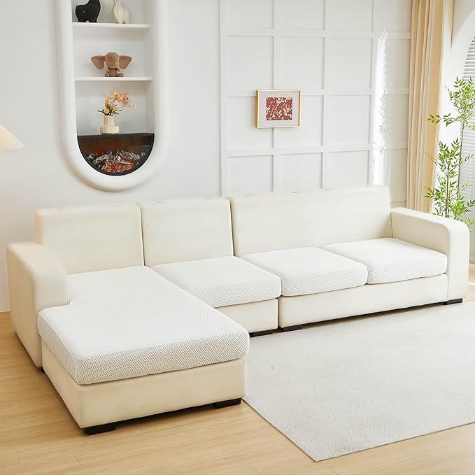 Sofa Covers Couch Covers for Sofa Pet Friendly Couch Cushion Covers Universal Sofa Covers Washable Stretch Slipcovers for Sectional Sofa (Texture Ivory White,Back Cover M)