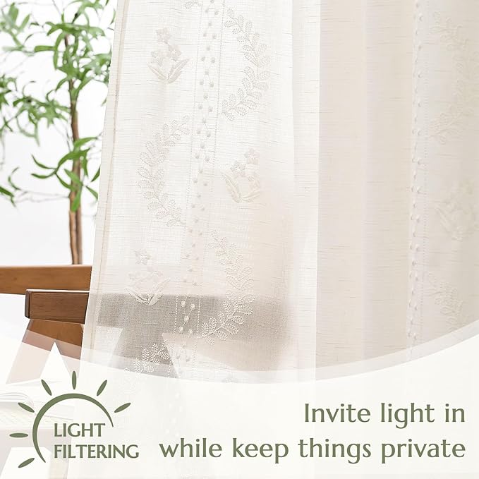 jinchan Belrose Linen Curtains for Bedroom Floral Curtains 96 Inch Length Linen Blend White Embroidered Drapes Farmhouse Flower Patterned Drapes for Living Room Window Treatments Set 2 Panels