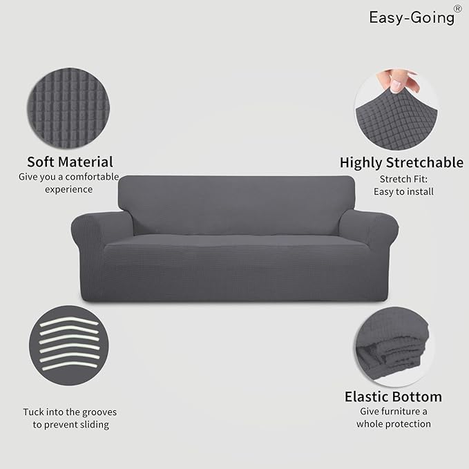 Easy-Going Stretch Oversized Sofa Slipcover 1-Piece Sofa Cover Furniture Protector Couch Soft with Elastic Bottom for Kids, Polyester Spandex Jacquard Fabric Small Checks Gray