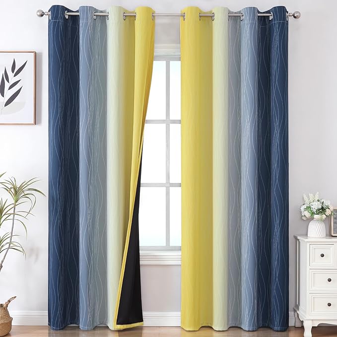 Estelar Textiler Navy Blue and Yellow Gradient Blackout Curtains for Bedroom, Thermal Insulated Ombre Blackout Drapes, Full Room Darkening Energy Saving Curtains for Living Room,52Wx84L,2 Panels