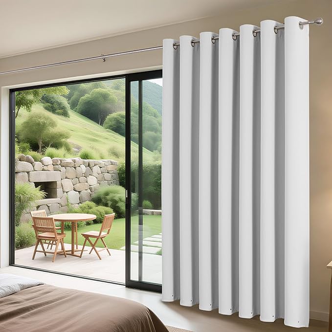 Joydeco Blackout Patio Sliding Door Curtains 108 Inches Long, Grommet Privacy Room Divider Curtains, Extra Wide Thermal Blackout Drapes for Bedroom Living Room (Greyish White, 80Wx108L, 1 Panel)