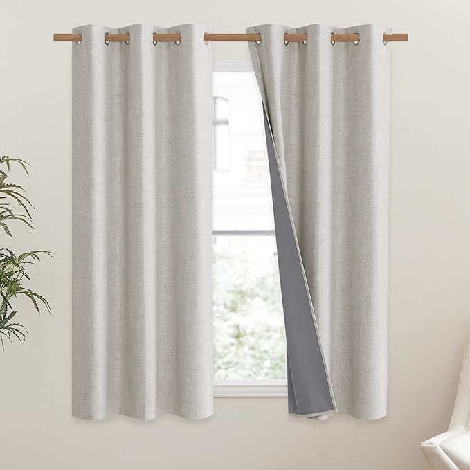 NICETOWN Snowbound Vintage Linen 100% Blackout Curtains for Dining Room, Thermal Insulated Curtains 45" Long, Noise Reducing Window Treatment Drapes for Kitchen, 42" Wide Per Panel, Set of 2