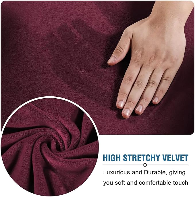 H.VERSAILTEX Real Velvet Plush 3 Piece Stretch Sofa Covers Couch Covers for 2 Cushion Couch Loveseat Covers Width Up to 72 Inch Feature Thick Soft Stay in Place (Medium Sofa, Burgundy)