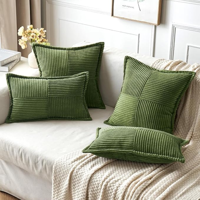 MIULEE Spring Decorative Throw Pillow Covers for Couch Bed Livingroom 20x20 Inch Set of 2 Moss Green Boho Accent Throw Pllows Broadside Striped Patchwork Soft Corduroy Summer Pillowcases