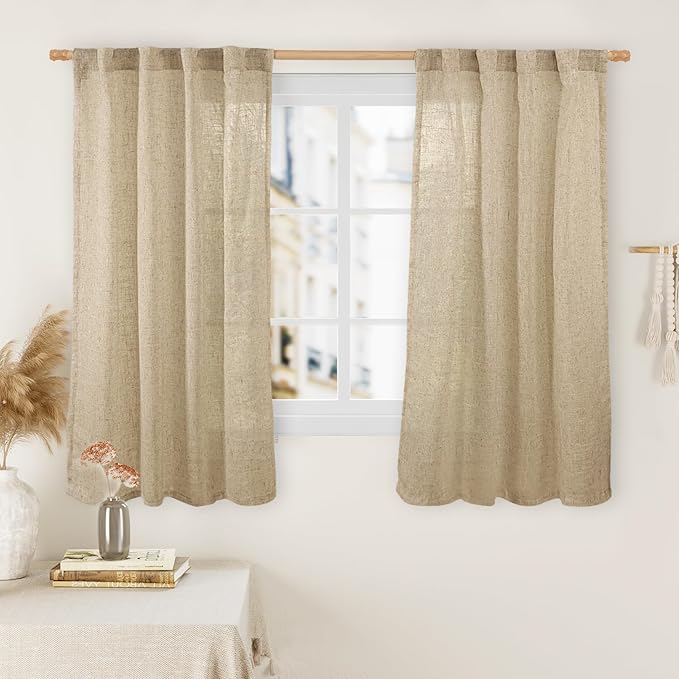 LAMIT 54 Inch Semi Sheer Window Linen Curtains, Light Filtering Panels Back Tab and Rod Pocket Neutral Drapes for Bedroom/Living Room, Brown, 2 Panels, 34 x 54 Inch
