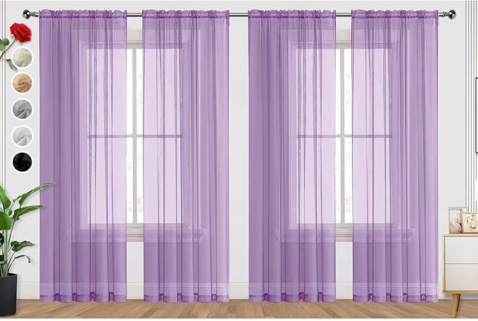 SpaceDresser Lavender Sheer Curtains 4 Panels Rod Pocket Semi-Sheer Curtain 54 Inches Long Light Filtering Voile Window Drapes for Bedroom Living Room Kitchen, Each 52W x54L