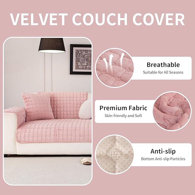 Velvet Couch Cover, Washable Sectional Sofa Cover, Anti Slip Sofa Slipcover for 3 Cushion Couch Sofa L Shaped Armrest Backrest, Furniture Protector Covers for Pets Kids(1PC,Pink,36"×47")