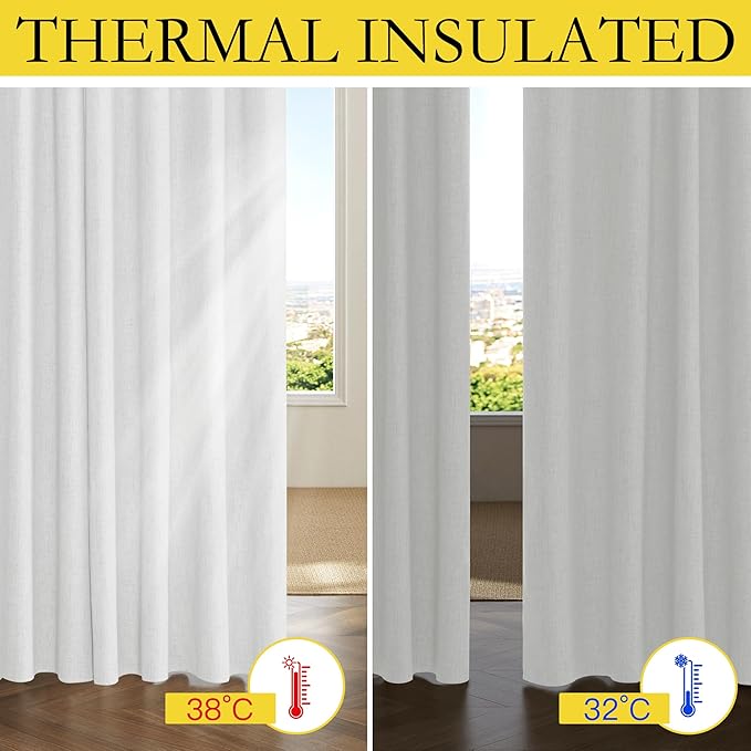 NICETOWN 100% Absolutely Blackout Linen Curtains with Thermal Insulated Liner, Greyish White, 52" Wide, 95" Length Energy Saving Curtains for Living Room 2 Panels Set, Vertical Blinds