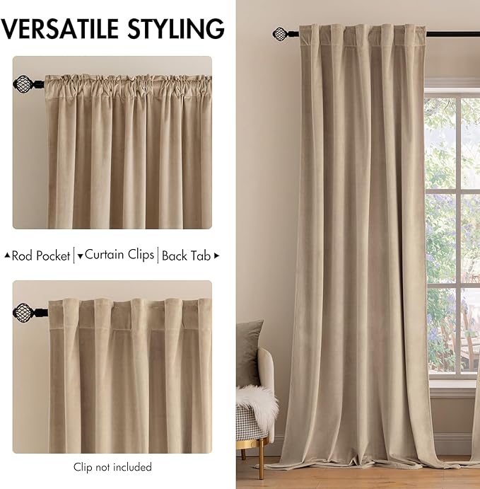 MIULEE Velvet Curtains 2 Panels Luxury Blackout Curtains for Bedroom Living Room Thermal Insulated Super Soft Window Drapes Rod Pocket & Back Tab, Camel Beige, W52 x L72 inches