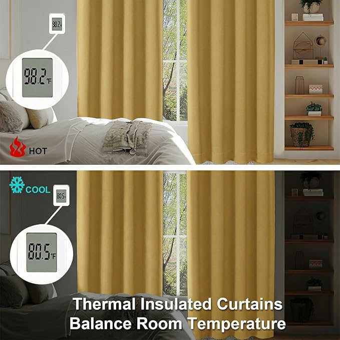 Simplebrand Ava Bright Gold Blackout Curtains for Bedroom 84 Inch Length 2 Panels Set, Solid Thermal Insulated Privacy Living Room Window Treatment Curtains Blackout Drapes, W50 x L84 Inch