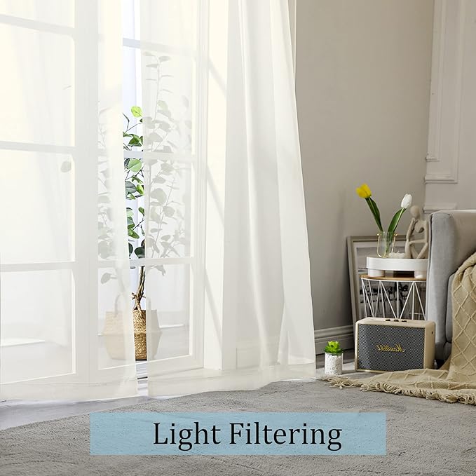 OWENIE Sheer Curtains Living Room 54 inches Long, Rod Pocket Curtain Sheers Bedroom, Light Filtering Voile Panels Drapes Basement Small Window Treatments 2 Panels, 42" W x 54" L, Ivory