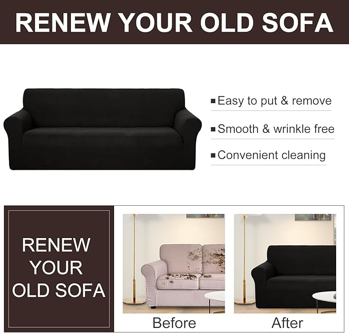U-NICE HOME 4 Seater Stretch Couch Cover Sofa Cover Washable Sofa Slipcover Furniture Protector for 3 Cushion Couch Sofa Pet Friendly, Black