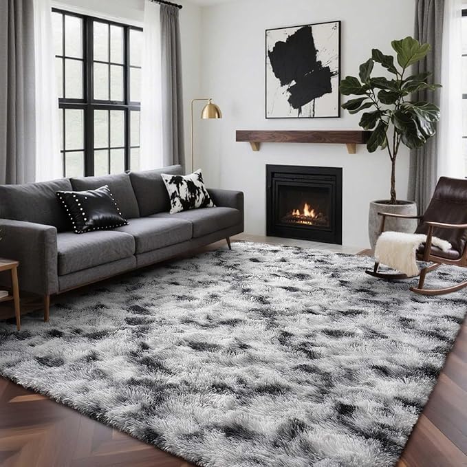6x9 Ft Large Shag Rugs for Living Room Decor, Tie-Dyed Ultra Soft Fluffy Furry Area Rugs for Bedroom Indoor Floor, Aesthetic Carpet for Kids Home (Black White)