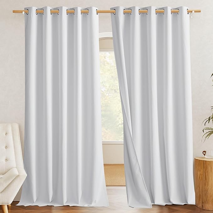 NICETOWN 100% Absolutely Blackout Linen Curtains with Thermal Insulated White Liner, White, W62, 2 Pieces, Noise Reducing Textured Linen Look Curtains for Windows 95 inch Length for Classroom