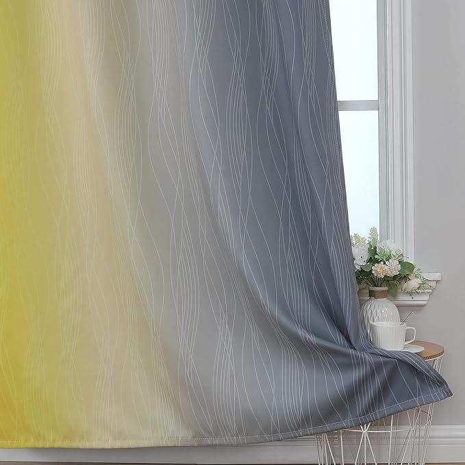 Grey and Yellow Blackout Curtains 84 Inch Length 2 Panels Set, 100% Blackout Curtains for Living Room, Thermal Insulated Gradient Drapes, Full Light Blocking Ombre Curtains for Boys Bedroom,42x84Inch