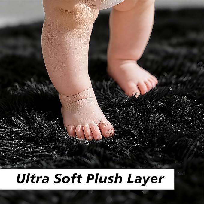 Shag Area Rug for Bedroom 3x5,Black Fluffy Area Rugs for Living Room,Soft Fuzzy Rug Non-Shedding Indoor Plush Carpet for Kids Bedroom Nursery Dorm Home Decor