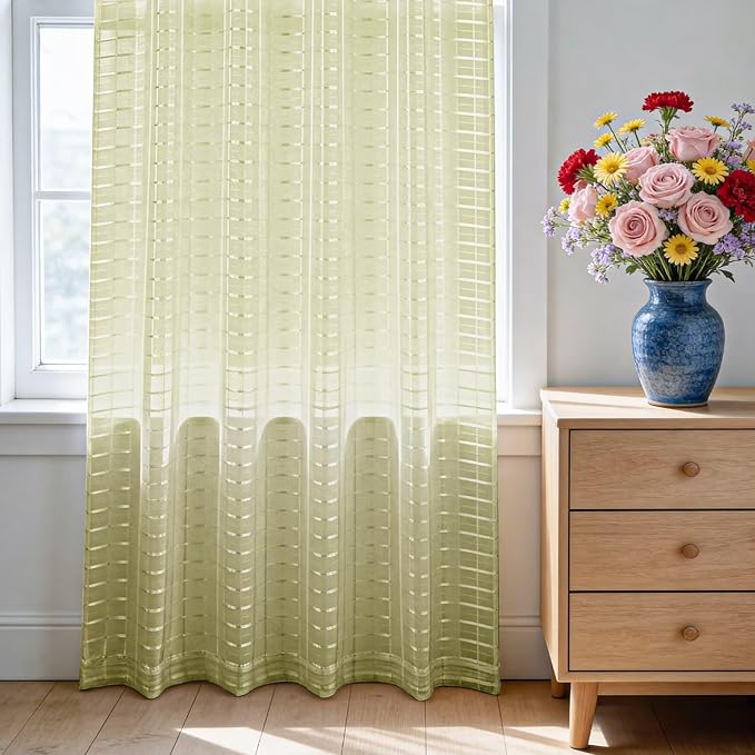 SpaceDresser Check Sheer Curtains 96 Inches 2 Panels Set, Rod Pocket Plaid Window Curtain for Living Room, Sage Green Semi Sheer Drapes for Kitchen Bedroom Children Room Yard（Sage Green, 52W x 96L）