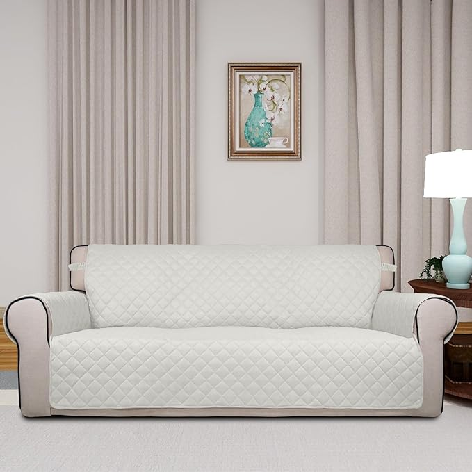PureFit Reversible Quilted Sofa Cover, Water Resistant Slipcover Furniture Protector, Washable Couch Cover with Non Slip and Elastic Straps for Kids, Dogs, Pets (Sofa, Ivory/Ivory)