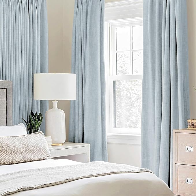 MIULEE 100% Blackout Linen Textured Curtains for Bedroom Solid Thermal Insulated Chambray Blue Grommet Room Darkening Curtains & Drapes Luxury Decor for Living Room Nursery 52 x 84 Inch (2 Panels)