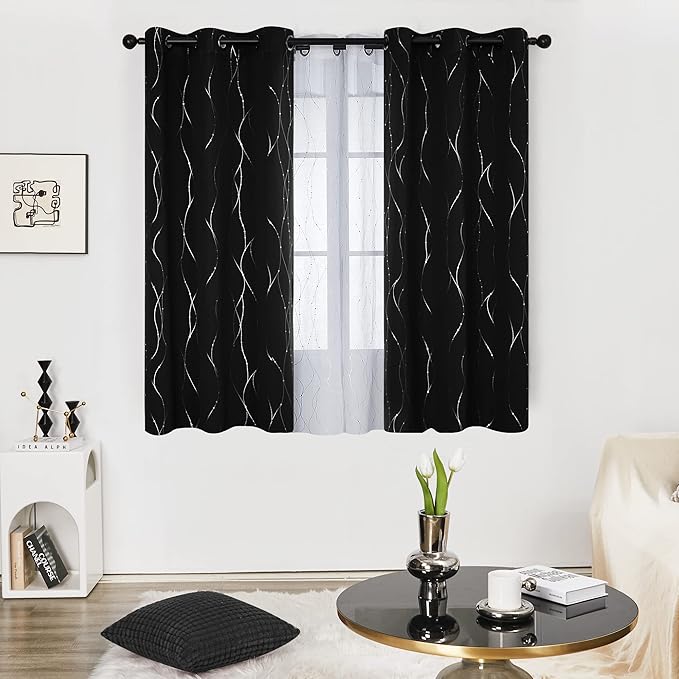 Deconovo Blackout Curtains 63 Inch Length 2 Panels Set, Black Drapes, Thermal Insulated Noise Reducting Privacy Curtain with Silver Print, Grommet Top, Machine Washable Window Panel for Living Room