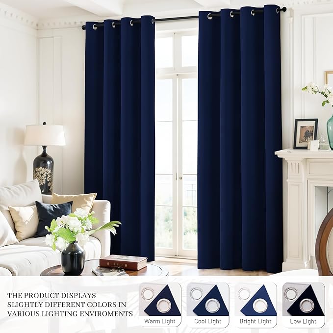 Yakamok Navy Blue 100% Blackout Curtains 84 Inches Long Thermal Insulated Window Curtain for Bedroom Living Room Darkening Set of 2 Panels Grommet Top Drapes with 2 Thick Layers 52x84 Inches Dark Blue