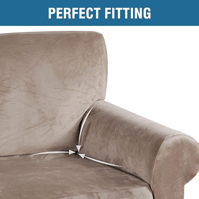H.VERSAILTEX Stretch Velvet Loveseat Covers for 2 Cushion Couch Covers for Living Room Sofa Covers Slipcovers with Non Slip Straps Bottom, Ultra Thick Comfy Velour (Width 58"-72", Taupe)