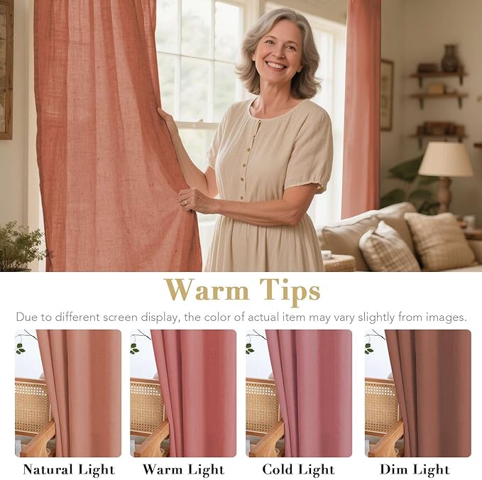 H.VERSAILTEX Linen Curtains Home Decorative Nickel Grommet Semi Sheer Curtains Privacy Added Energy Saving Light Filtering Window Treatments Draperies for Bedroom, Terracotta, 2 Panels, 52 x 96 - Inch