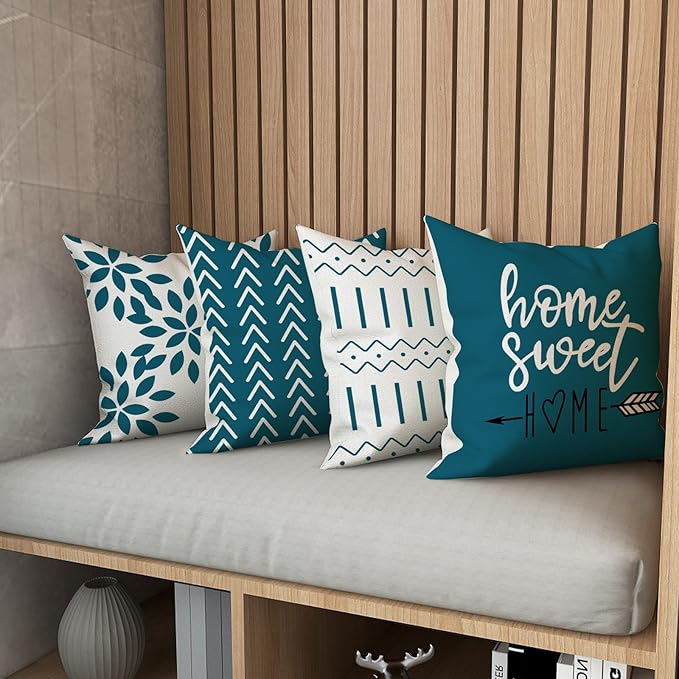 YCOLL Pillow Covers 20x20 Set of 4, Modern Sofa Throw Pillow Cover, Decorative Outdoor Linen Fabric Pillow Case for Couch Bed Car,Teal