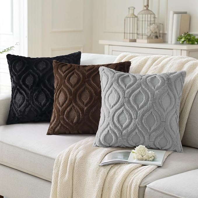 decorUhome Throw Pillow Covers 18x18 Inch Set of 2, Soft Plush Faux Wool Dark Brown Solid Couch Pillow Covers, Accent Farmhouse Neutral Square Pillow Cases for Sofa Bed Living Room