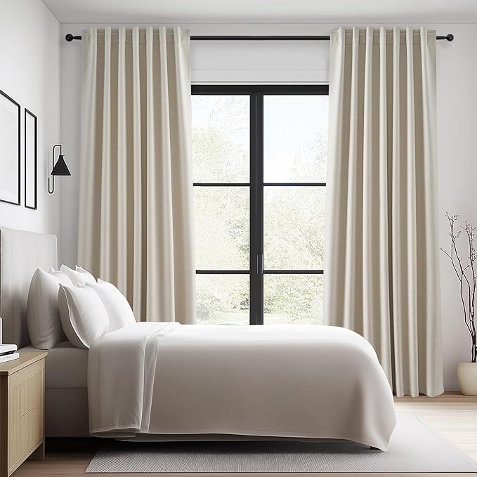 Topfinel 105 Inch Linen Blackout Curtains for Living Room, Modern Neutral Burlap Black Out Thermal Noise Cancelling Curtains，tan Tab Top Rod Pocket 2 Panels Set for Sliding Glass Doors Bay Window