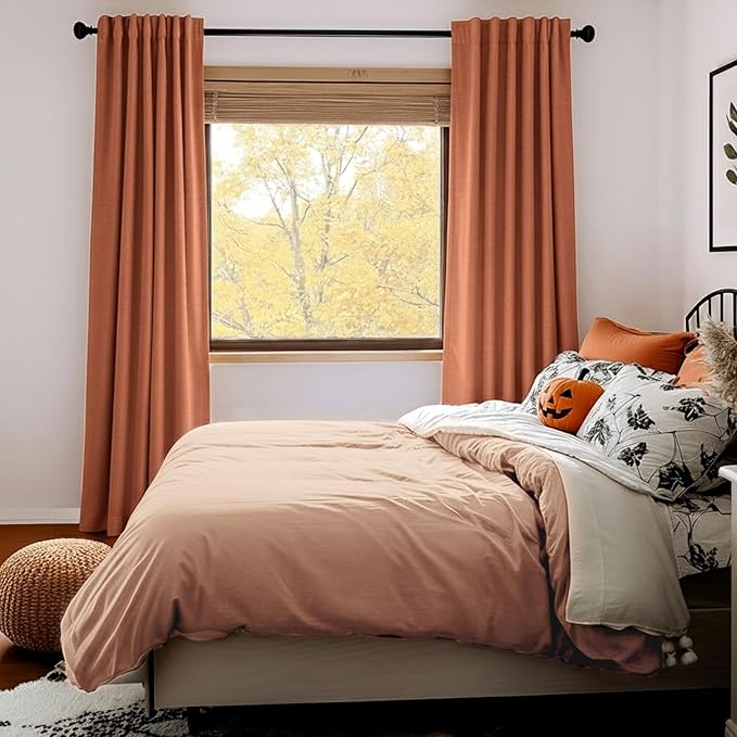 100% Blackout Shield Linen Blackout Curtains for Bedroom 102 Inches Long, Back Tab/Rod Pocket Living Room Drapes, Thermal Insulated Blackout Curtains 2 Panels Set, 50" W x 102" L, Burnt Orange