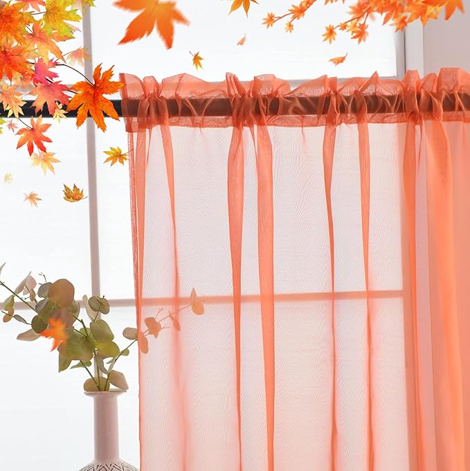 SpaceDresser Sheer Voile Window Treatment Rod Pocket Curtain Panels for Kitchen Bedroom Living Room Drapes Sunlight Filtering Privacy Semi Home Decor Assorted Colors Sizes (Jaffa Orange, 52 W x 54 L)